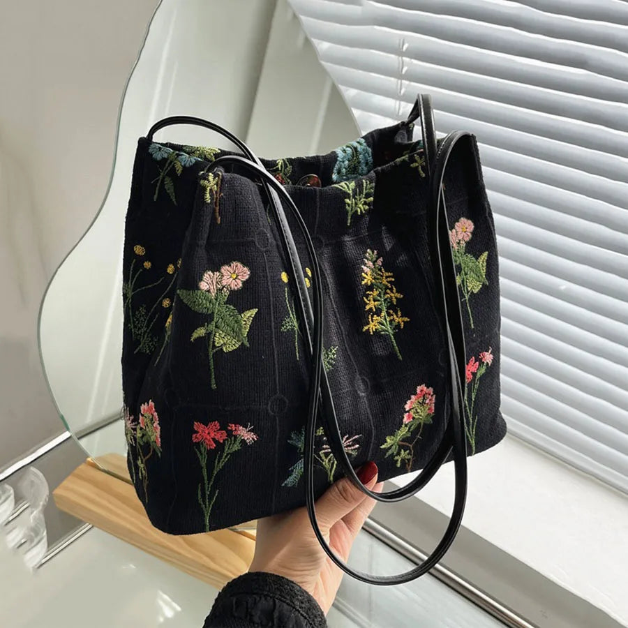 Qfdian Large-capacity Embroidered Tote Bag Women Summer Trendy Cloth Bag Niche Embroidery Shoulder Bag Texture Bucket Bags Canvas Bags