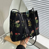 Qfdian Large-capacity Embroidered Tote Bag Women Summer Trendy Cloth Bag Niche Embroidery Shoulder Bag Texture Bucket Bags Canvas Bags