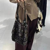 Qfdian Women High-capacity Grunge Leopard Shoulder Bags Y2k Vintage Casual Shopping Handbags All Match Harajuku Underarm Bag Streetwear