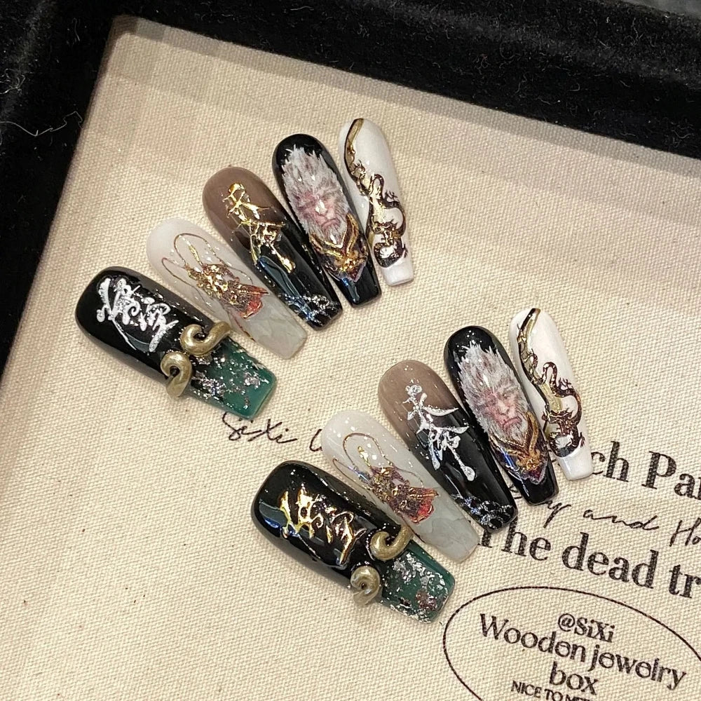 Qfdian 10Pcs High Quality Handmade Press on Nails Heavy Industry Diamond Decoration Luxury Dark and niche style Spicy Girl Nail Diamond