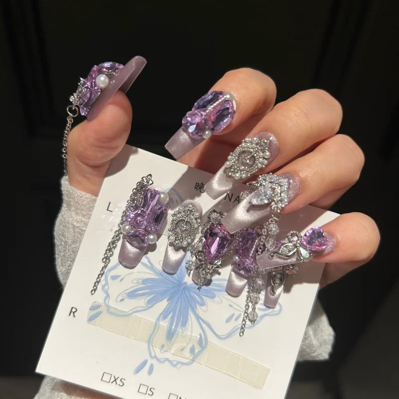 Qfdian 10Pcs High Quality Handmade Press on Nails Three-Dimensional Metal Decoration Cat's Eye Stick-on Nail Art Gorgeous Banquet