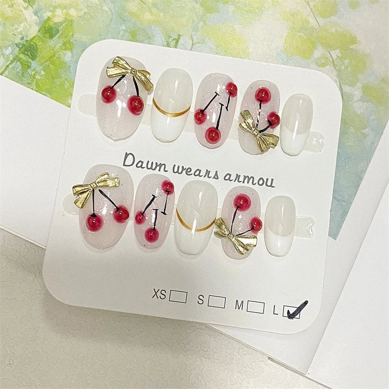 Qfdian Handmade Cute Press On Nails Short Oval Cherry Artificial Fake Nails Bowknot French Summer False Nails Charms Manicure Design