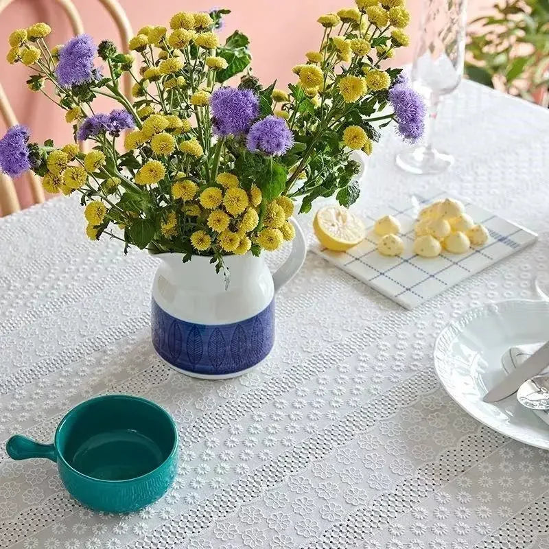 Qfdian White Cotton Tablecloths Lace Rectangle Dust-Proof Table Cover for Birthday Party Kitchen Dinner Baby Shower Wedding Decorations