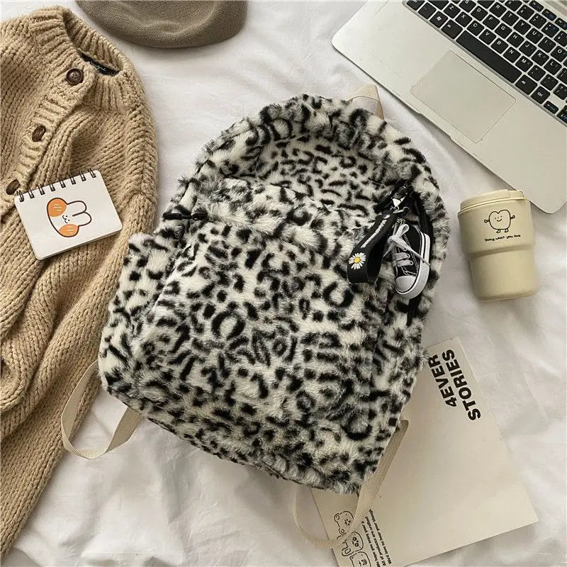 Qfdian Personality Fashion Leopard Fluffy Rucksack Y2k Preppy Casual Harajuku Backpack High-capacity Vintage Grunge Students Schoolbags