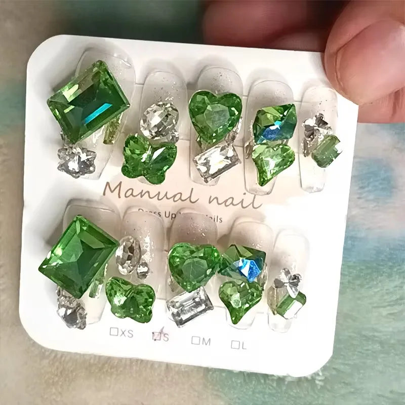 Qfdian 10pcs High Quality Handmade Press on Nails BLingBLing Green Starry Sky Shining Eyes Nail Equipment Nails for Kids Girl