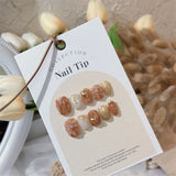 Qfdian 10pcs Blue Pink Handmade Press on Nails with Flower Short Ballerina Fake Nails Reusable Manicure Artistic Full Cover Finger Tips