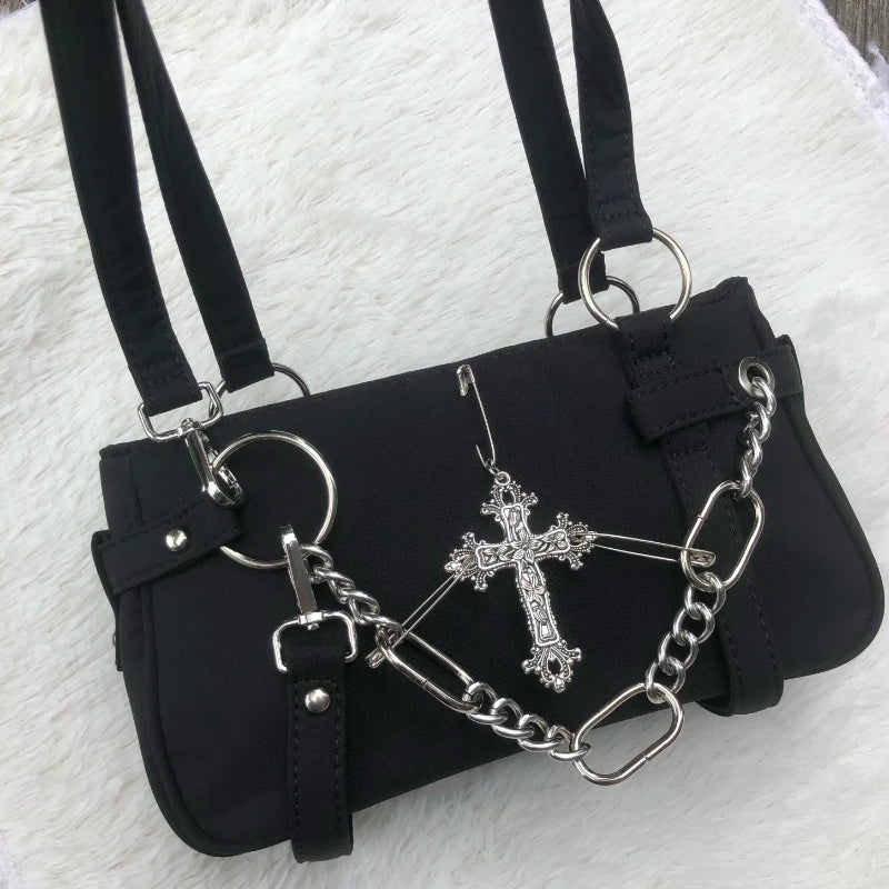 Qfdian Japanese Vintage Streetwear Punk Women Handbags Y2k Aesthetic Trendy Cross Chain Shoulder Bags Casual Fashion Chic Underarm Bag