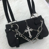 Qfdian Japanese Vintage Streetwear Punk Women Handbags Y2k Aesthetic Trendy Cross Chain Shoulder Bags Casual Fashion Chic Underarm Bag