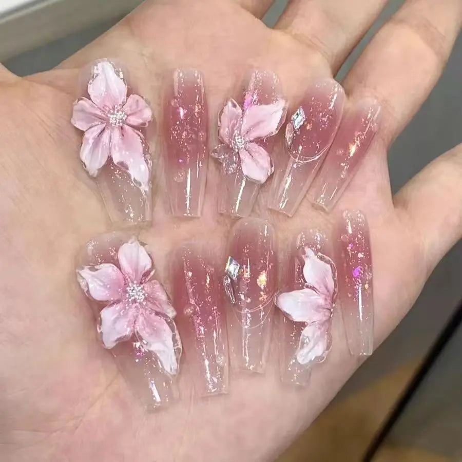 Qfdian 10Pcs Handmade Gradient Pink Fake Nails Long Press On Nails French False Nails 3D Pink Flowers Decor Wearable Press on Nails