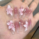 Qfdian 10Pcs Handmade Gradient Pink Fake Nails Long Press On Nails French False Nails 3D Pink Flowers Decor Wearable Press on Nails
