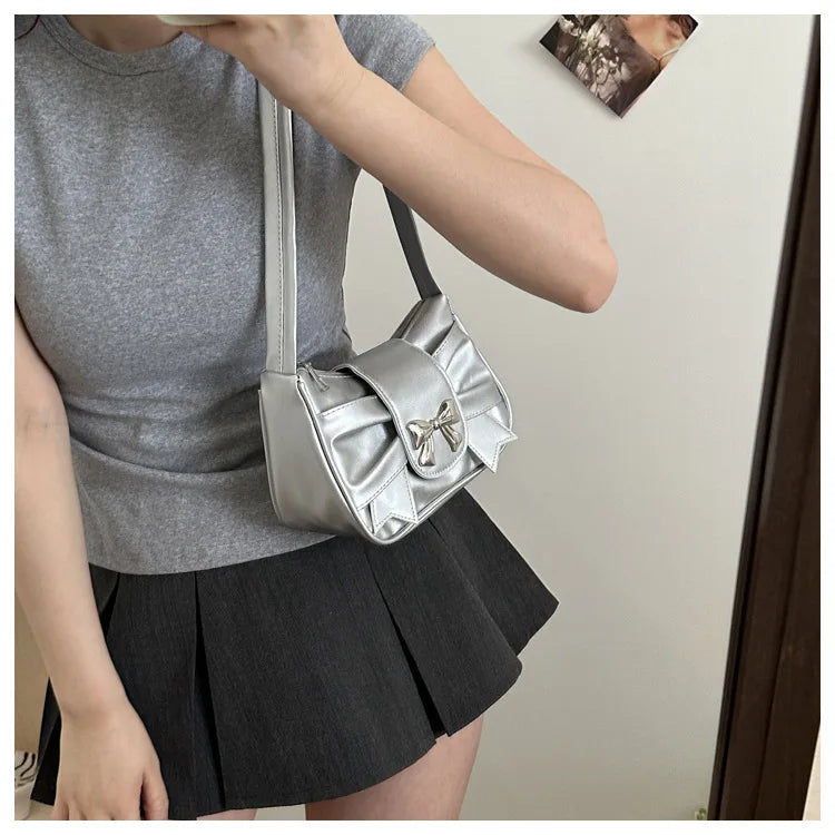 Qfdian Underarm Small Square Bag Butterfly Knot PU Single Shoulder Handbag Women's Crossbody Tote