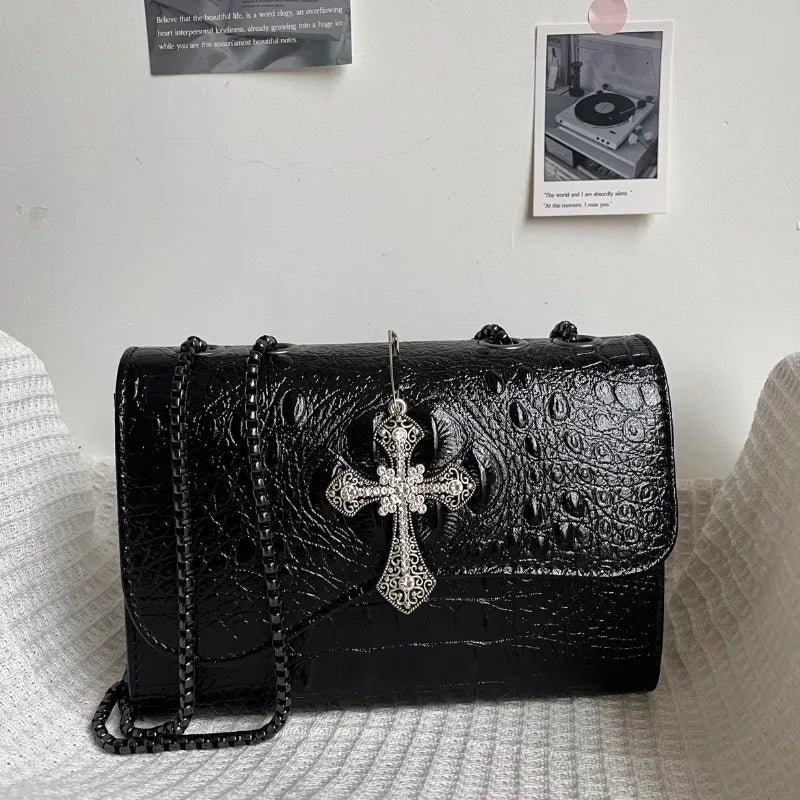 Qfdian Y2k Aesthetic Punk Gothic Cross Shoulder Bag Women Vintage Fashion Casual Handbags All Match Trendy Office Lady Crossbody Bags