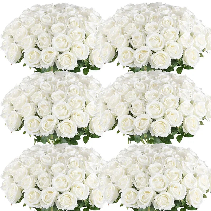 Qfdian 100PCS White Roses Artificial Flowers Bulk Fake Velvet Roses with Bendable Long Stems for Wedding Home Arrangement Event Parties