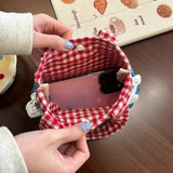 Qfdian Luxury Design Denim Patchwork Top-Handle Bags Women Mini Kawaii Sweet Clutches Y2k Chic Contrast Color Plaid Purses and Handbags