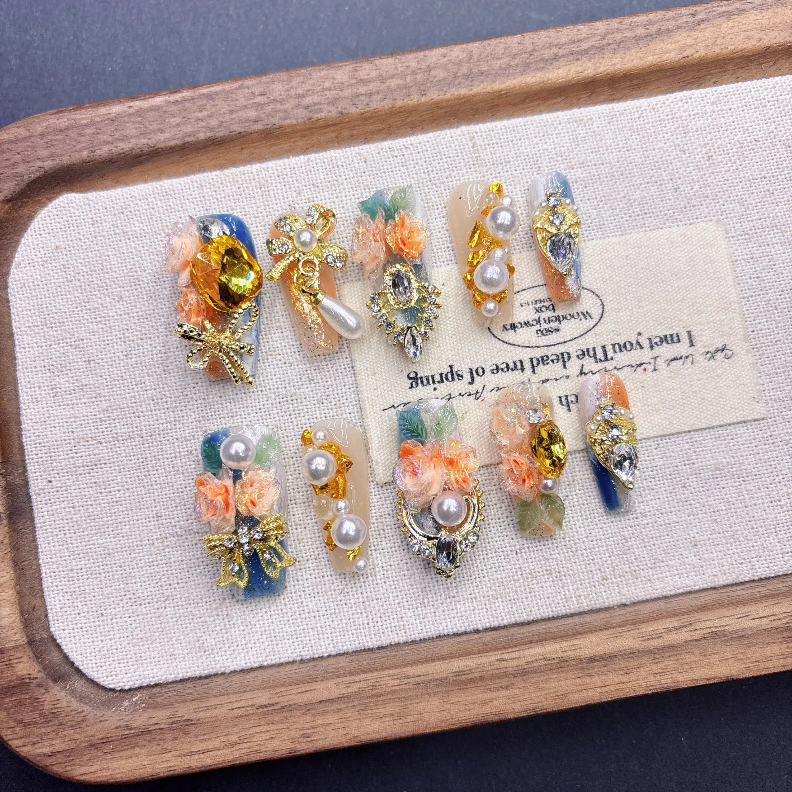 Qfdian Luxury Press On Nails French Romantic Style with Alloy Gems Crystal Pearls Resin Flowers Elegant Glam Design for Party Wedding