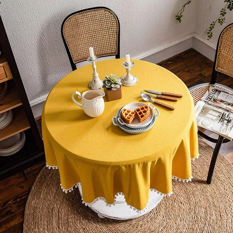 Qfdian Solid Round Tablecloths with Pom Poms Cotton Tablecloth Table Covers for Kitchen Dining Restaurant Wedding Party Home Decoration