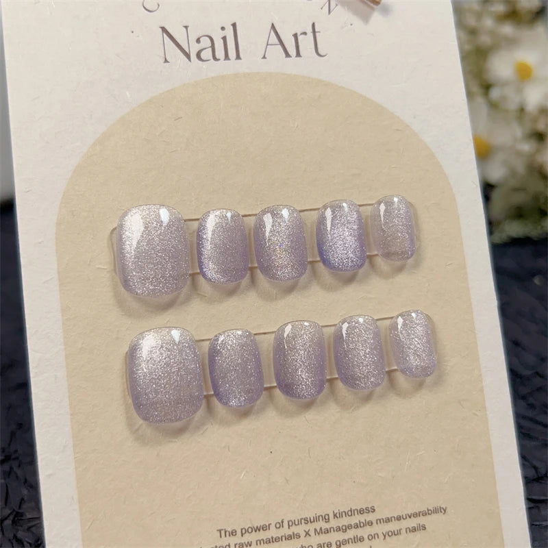 Qfdian 10pcs Blue Pink Handmade Press on Nails with Flower Short Ballerina Fake Nails Reusable Manicure Artistic Full Cover Finger Tips