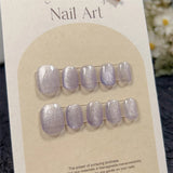 Qfdian 10pcs Blue Pink Handmade Press on Nails with Flower Short Ballerina Fake Nails Reusable Manicure Artistic Full Cover Finger Tips