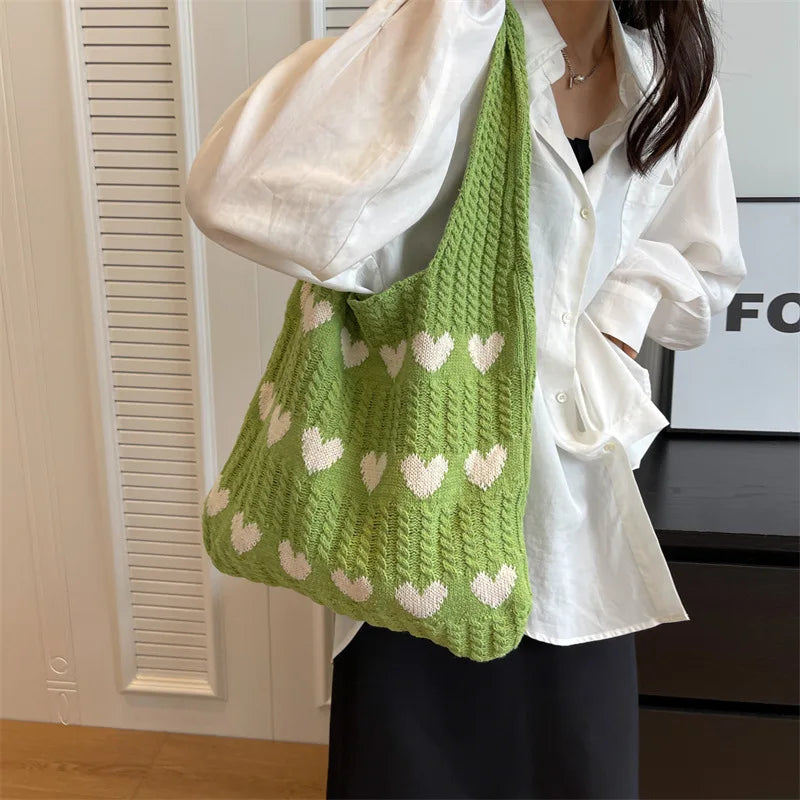 Qfdian 1PC New Knitted Bag Women's Summer Handmade Woolen Underarm Tote Bag Love Shopping Beach Shoulder Bag