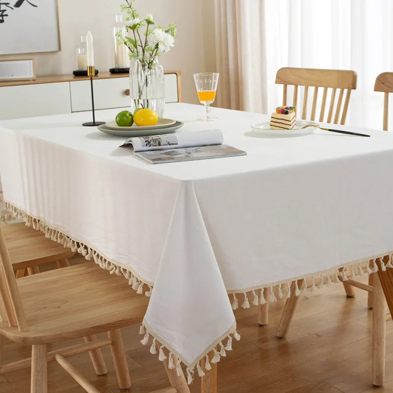 Qfdian White Cotton Rectangle Tablecloth Fabric Tassel Farmhouse Washable Table Cover for Kitchen Living Room Dinning Picnic Decoration
