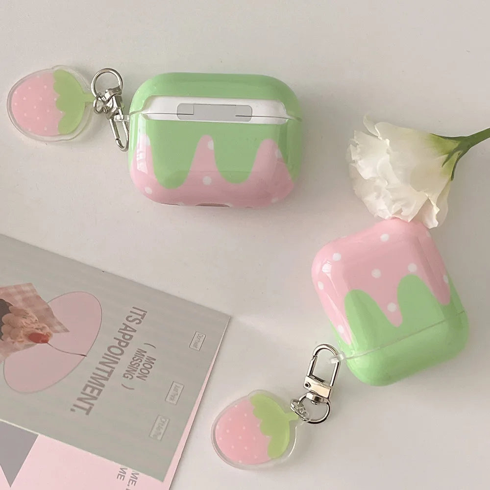 Qfdian Korea Lovely Fresh Strawberry Pattern Silicone Earphone Case for AirPods 2 3 4 Pro 2nd Generation Protective Cover Cute Pendant