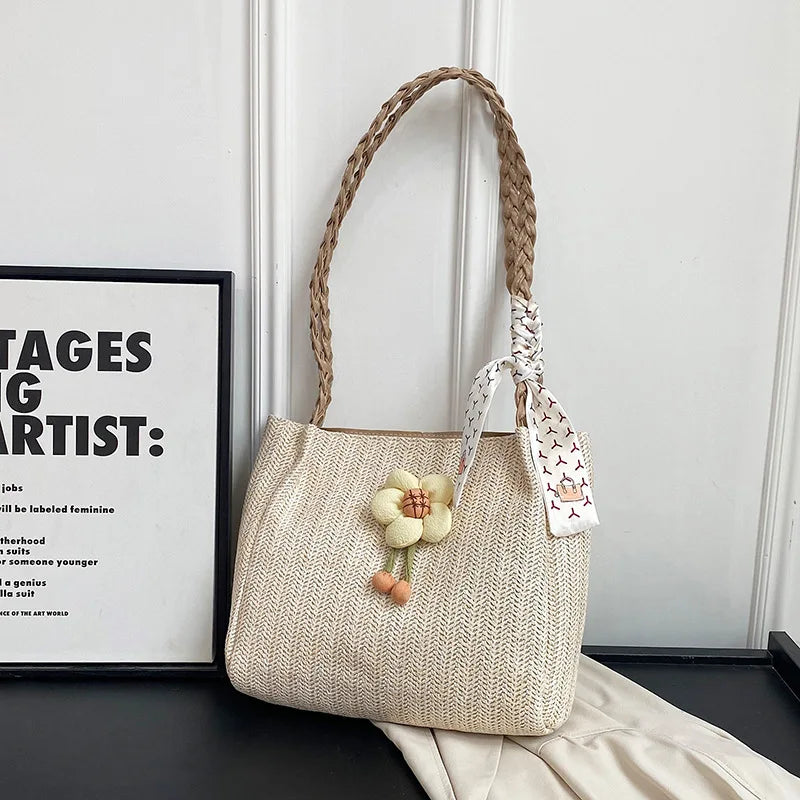 Qfdian Woven grass woven bag for women, large capacity fashionable new flower shoulder bag, casual shoulder bag, summer tote bag