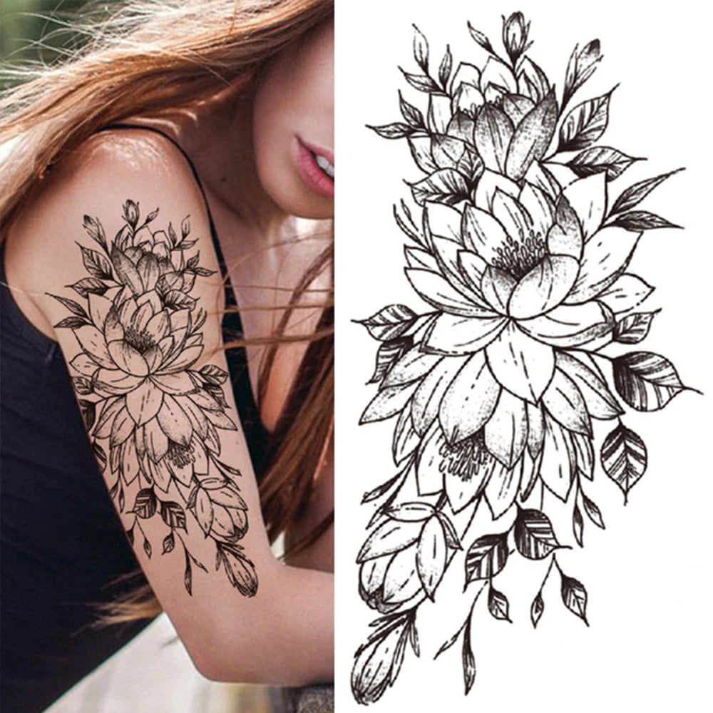 Qfdian Black Sexy Flower Waterproof Temporary Tattoos Sticker Rose Snake Lion Women Body Arm Painting Realistic Fake Tattoo