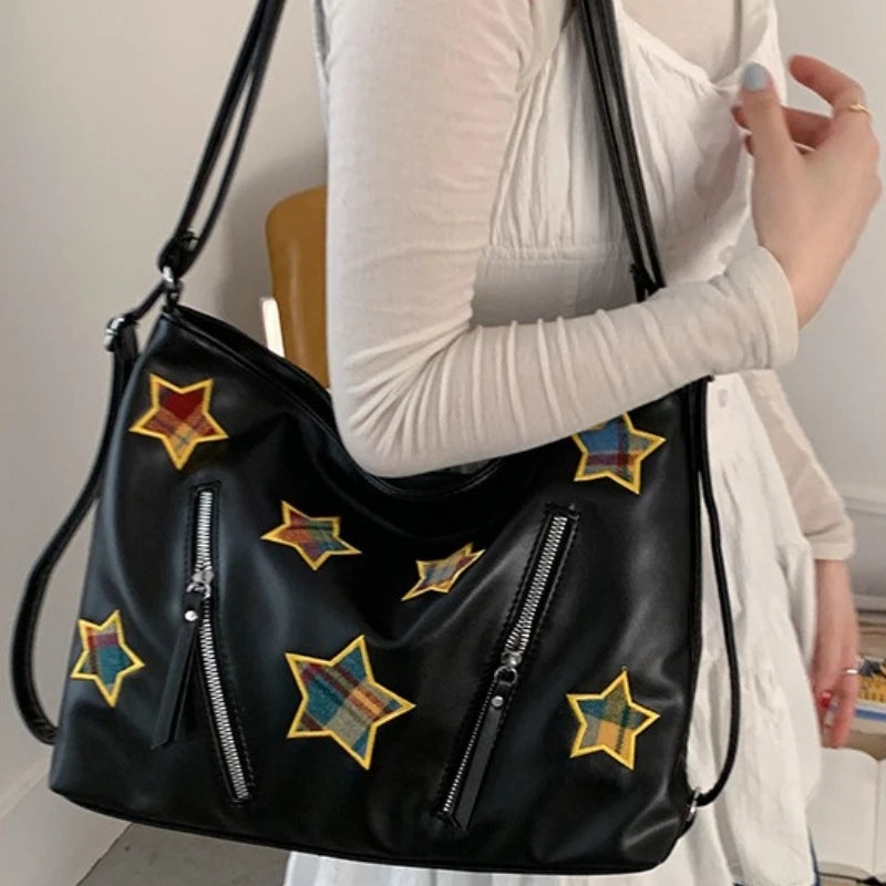 Qfdian Fashion Preppy Backpacks Casual Plaid Star Embroidery Crossbody Bags All Match Women Y2k Aesthetic Shoulder Handbags Streetwear