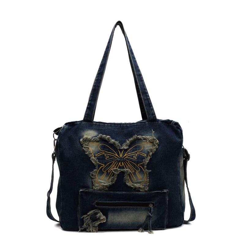 Qfdian Large Capacity Canvas Shoulder Bags Butterfly Denim Casual Totes New In 2025 Leisure Or Travel Bags Lady Sweet Packages Women