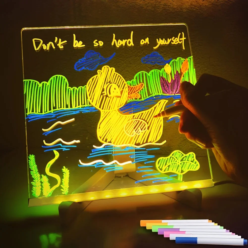 Qfdian LED Note Board Night Light With Colorful 7 Pens DIY Acrylic Message Board Erasable Painting Drawing Board For Kids Birthday Gift