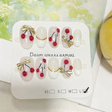 Qfdian Handmade Cute Press On Nails Short Oval Cherry Artificial Fake Nails Bowknot French Summer False Nails Charms Manicure Design