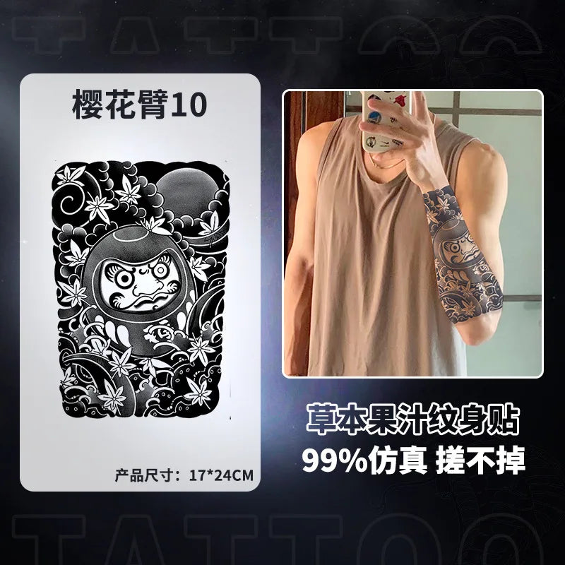 Qfdian Japanese Traditional Half Arm Herbal Juice Temporary Tattoo Stickers Sakura Leaf Lasting Art Fake Tattoo Men Women Faux Tatouage