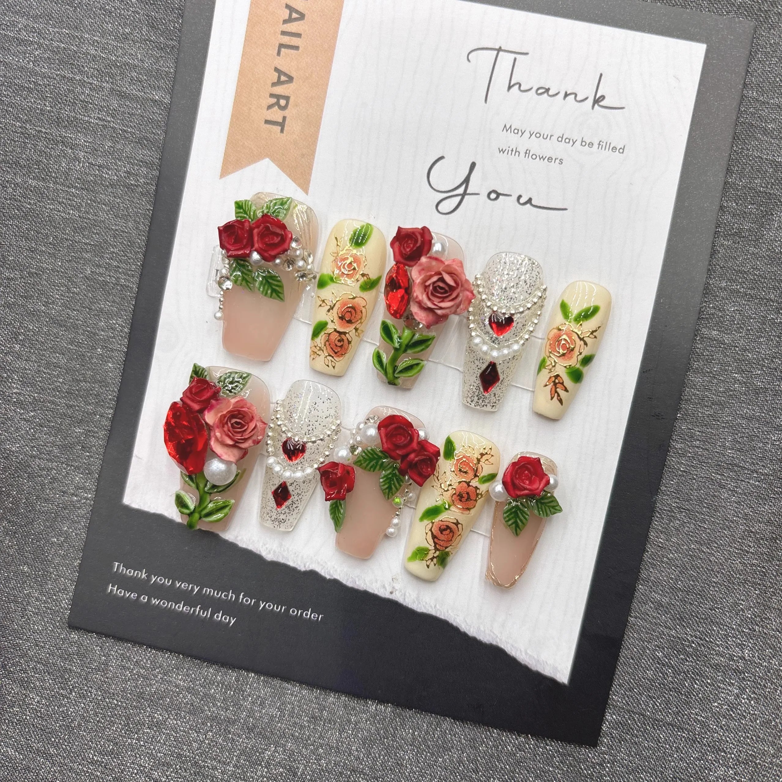 Qfdian Elegant Floral Pearl Press on Nails with Rhinestones False Nails for Wedding Party Date Romantic Glamorous Acrylic Nails for Wom