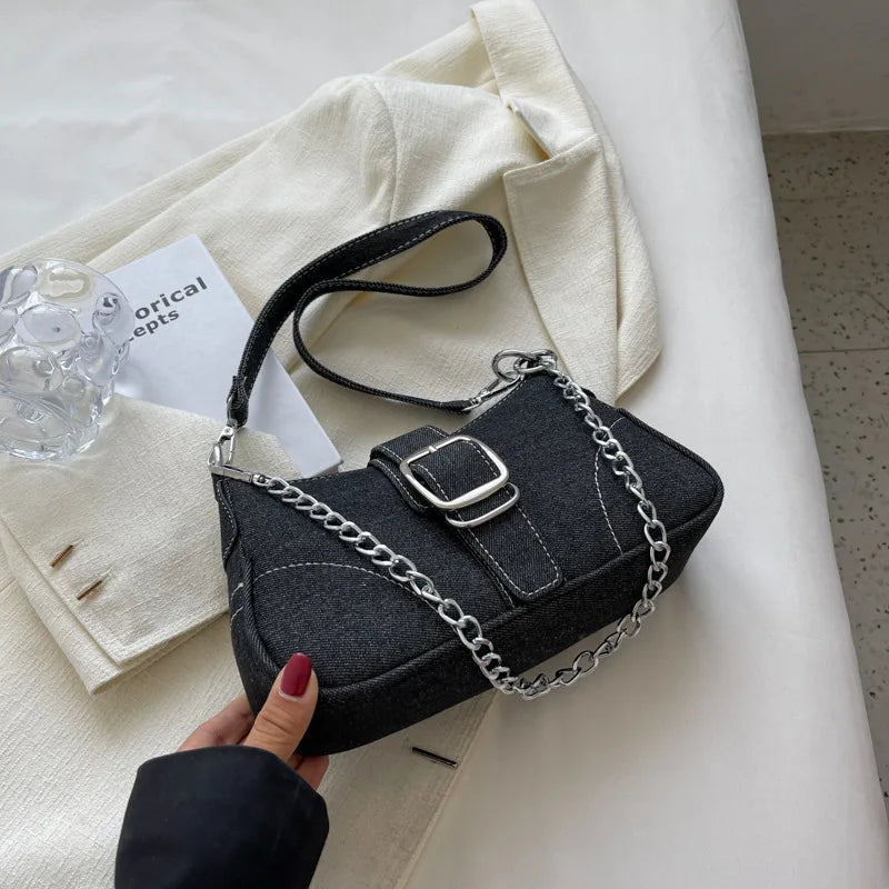 Qfdian Small Design Jeans Bag Women's New Cross-Shoulder Bag Shoulder Canvas Bag Crossbody Bags for Women CHAINS Сумка Женская