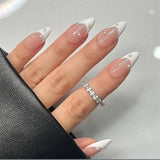 Qfdian Aurora Handmade Press On Nails White Almond French Fake Nails Medium Wearable Manicure Simple Pearl Decoration Finger Nails Art