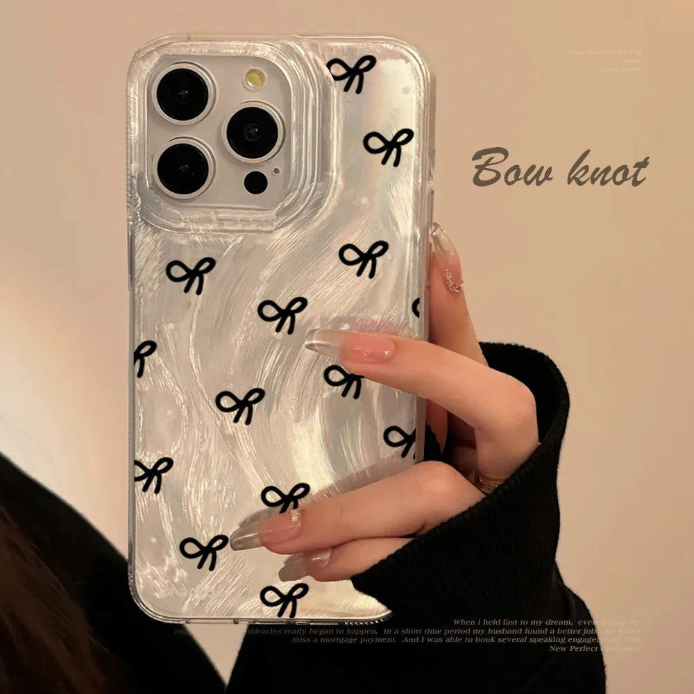 Qfdian Ins Korean Mini Bow knot Laser Silver Phone Case For iPhone 11 13 14 15 16 Pro Max Cases iPhone 7 8 Plus XS XR Phone Cover