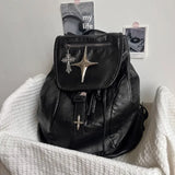 Qfdian Women Vintage Punk Star Cross Backpacks Y2k Aesthetic College Students Backpack Streetwear All Match Gothic Simple Schoolbags