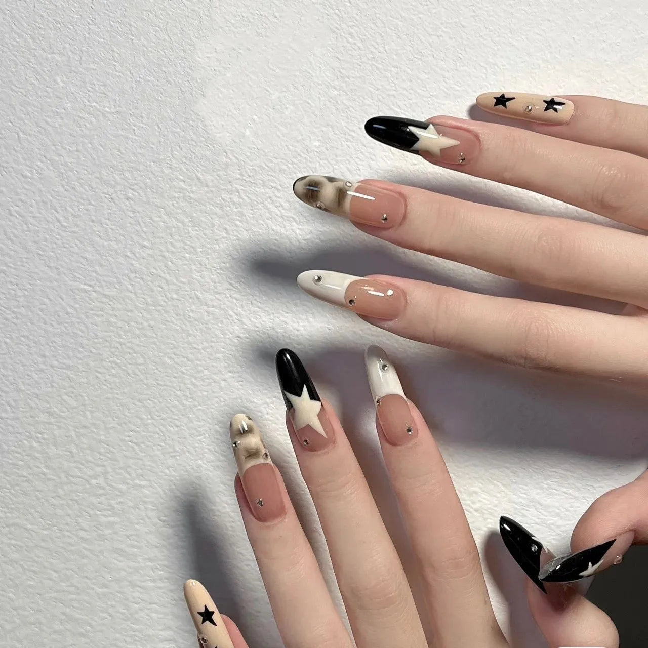 Qfdian 10pcs Handmade Star Long French False Nails Press on Nails Fake Nials Reusable Wearable Nail Tips Artificial False Nails