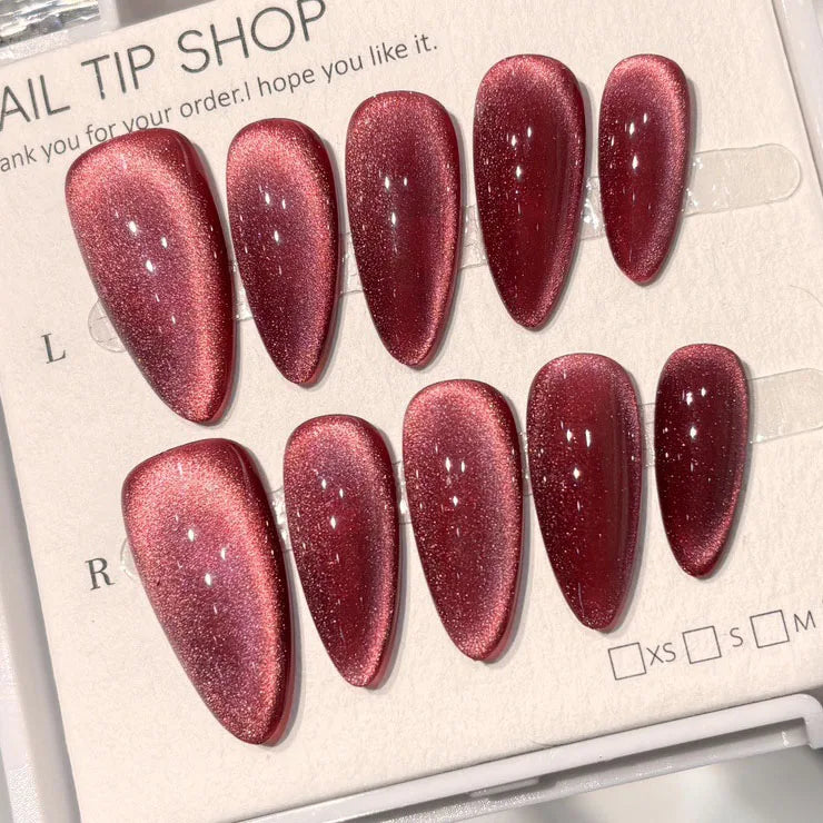10Pcs Shiny Handmade Press on Nails Cherry Solid Color Almond Cat Eye Design Fake Nails Sparkling Removable Manicure Nail Women