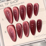 10Pcs Shiny Handmade Press on Nails Cherry Solid Color Almond Cat Eye Design Fake Nails Sparkling Removable Manicure Nail Women