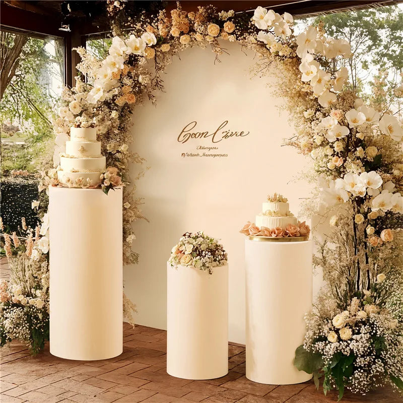 Qfdian White Cylinder Pedestal Stand Covers Set of 3 Round Elastic Cloth Pillar Plinth Cover for Birthday Wedding Party Baby Decoration