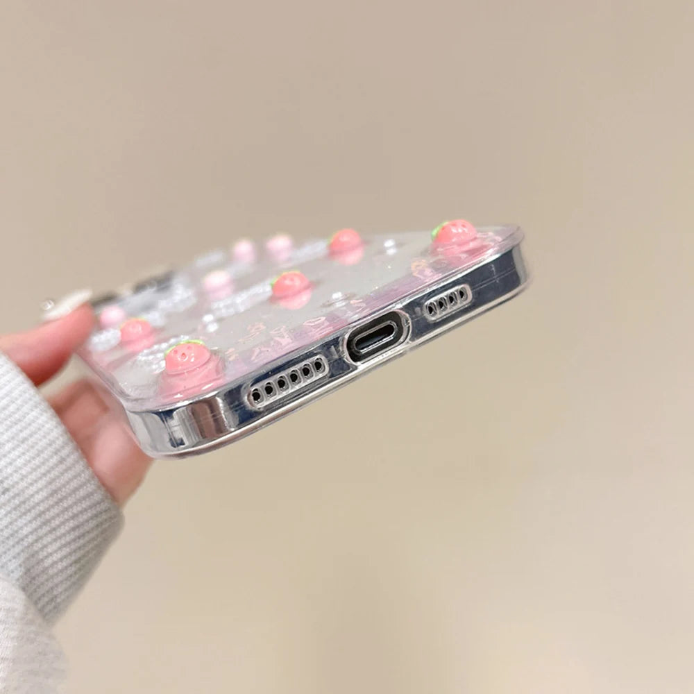 Qfdian Transparent Strawberry Pearl Bow Soft Phone Case for iPhone 16 Pro Max Fundas Cover for iPhone 11 12 13 14 15 Pro Max Back Cover