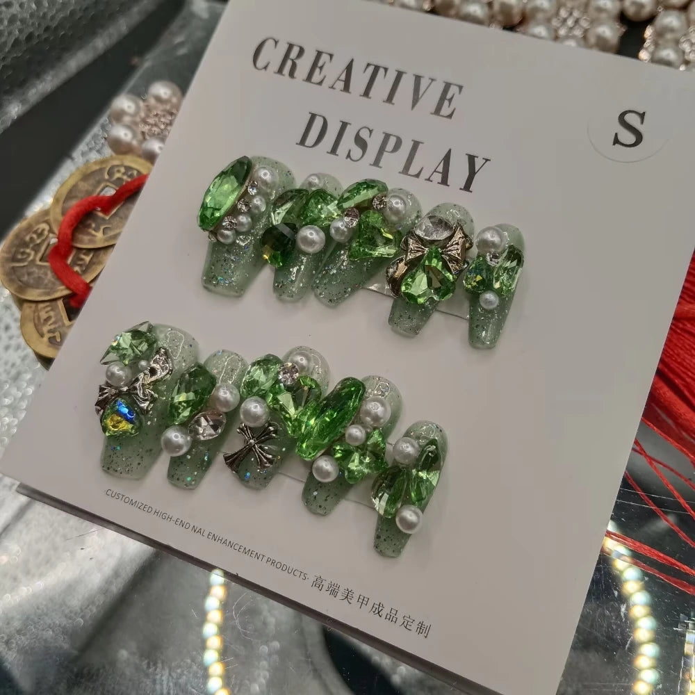 Qfdian 10Pcs High Quality Handmade Press on Nails Sweet And Cool Girl Style Rhinestone Full Setting Celebrity Nail Art: Dark Green