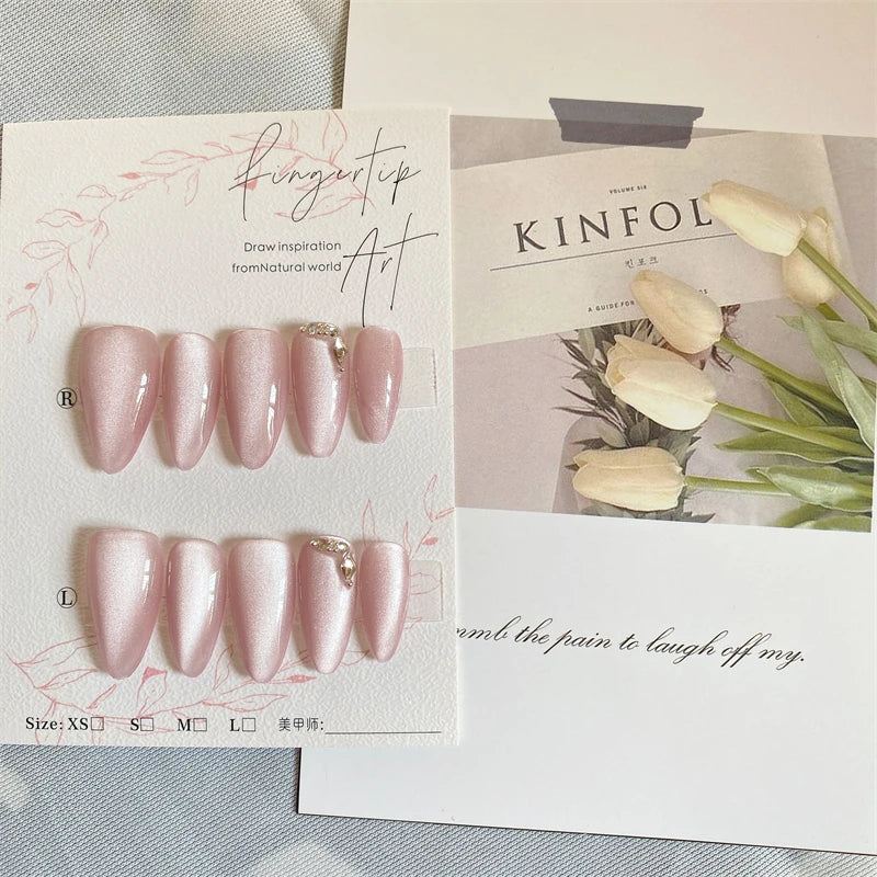 Qfdian Cat's Eye Handmade Fake Nails Press on Rose Gold Pink Manicure Wearable False Nails Full Cover Cute Almond Finger Tips for Woman