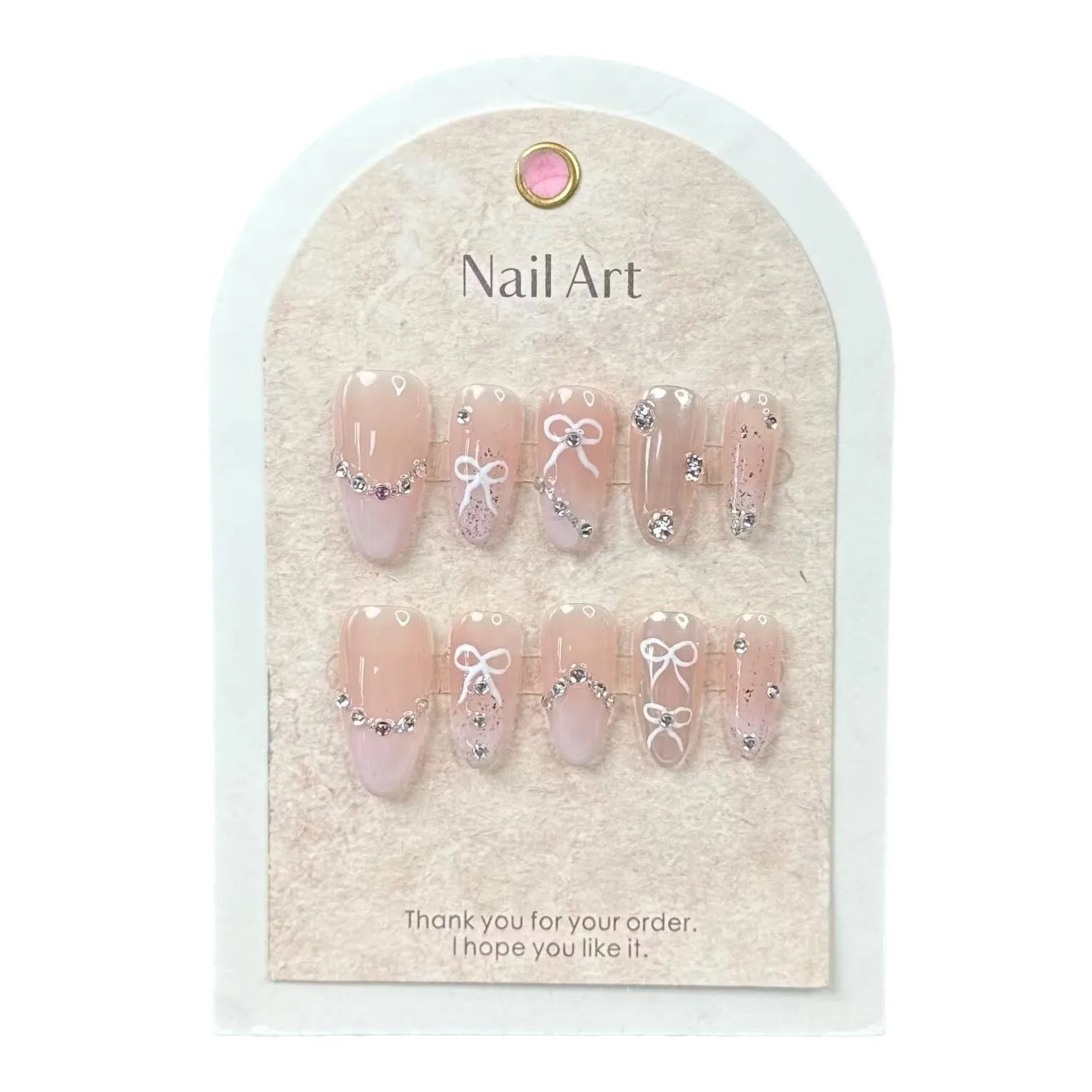 10Pcs Pink Handmade Press on Nails Full Cover Bow Tie Rhinestone Design French Fake Nails Wearable Manicure Nail Tips Art