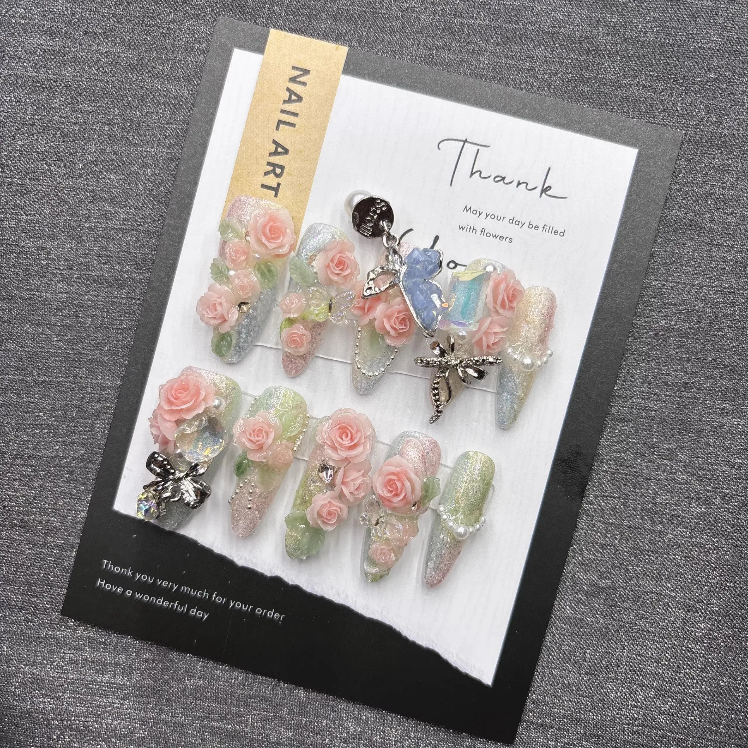 Qfdian Sweet Floral Press On Nails Pink Rose Butterfly Fake Nails For Women Elegant Pearl Rhinestone Party Nails Glamorous Reusable