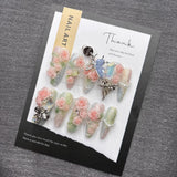 Qfdian Sweet Floral Press On Nails Pink Rose Butterfly Fake Nails For Women Elegant Pearl Rhinestone Party Nails Glamorous Reusable