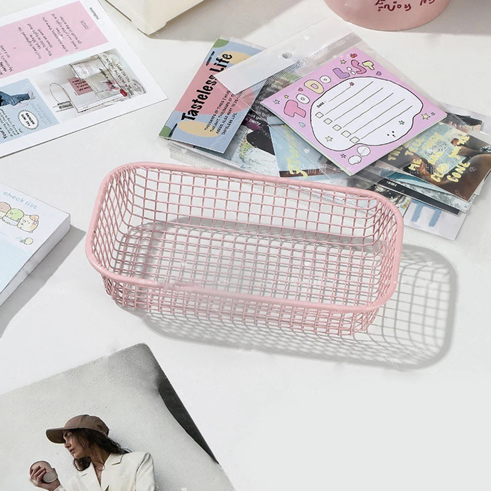 Qfdian Desktop Storage Basket INS Metal Sundries Organizer Basket Photocard Case Office Stationery Home Supplies Make Up Sorting Holder