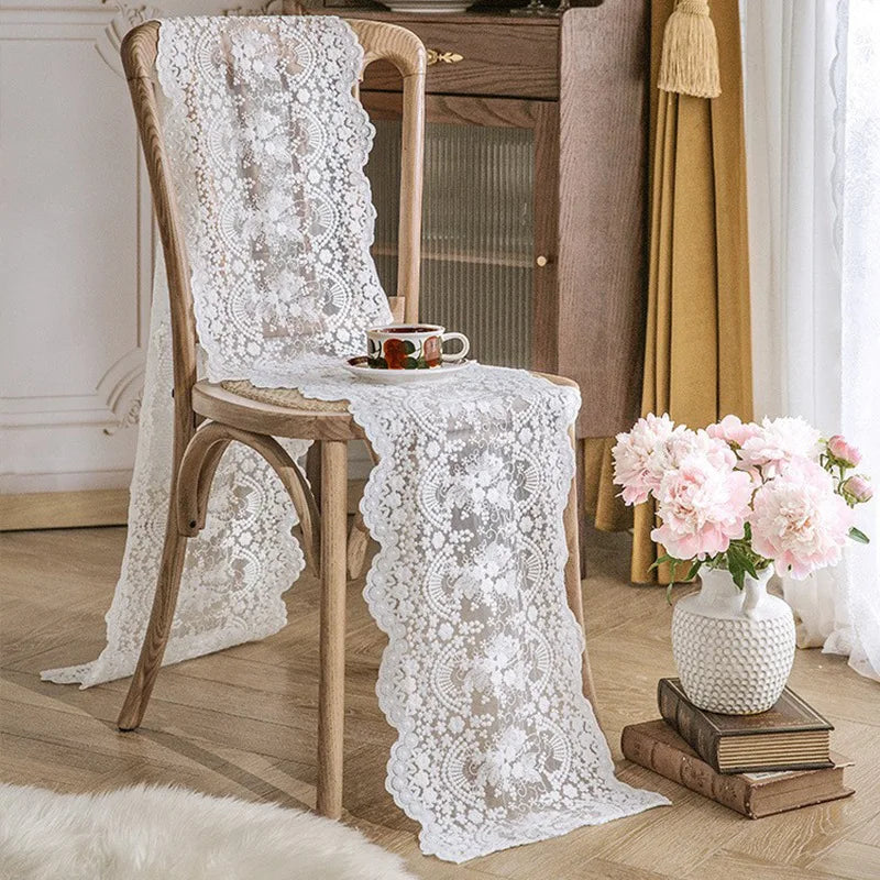 Qfdian White Lace Table Runner Floral Embroidered Tables Lace Doilies Dressers End Tables for Wedding Decorations Tea Party Baby Shower