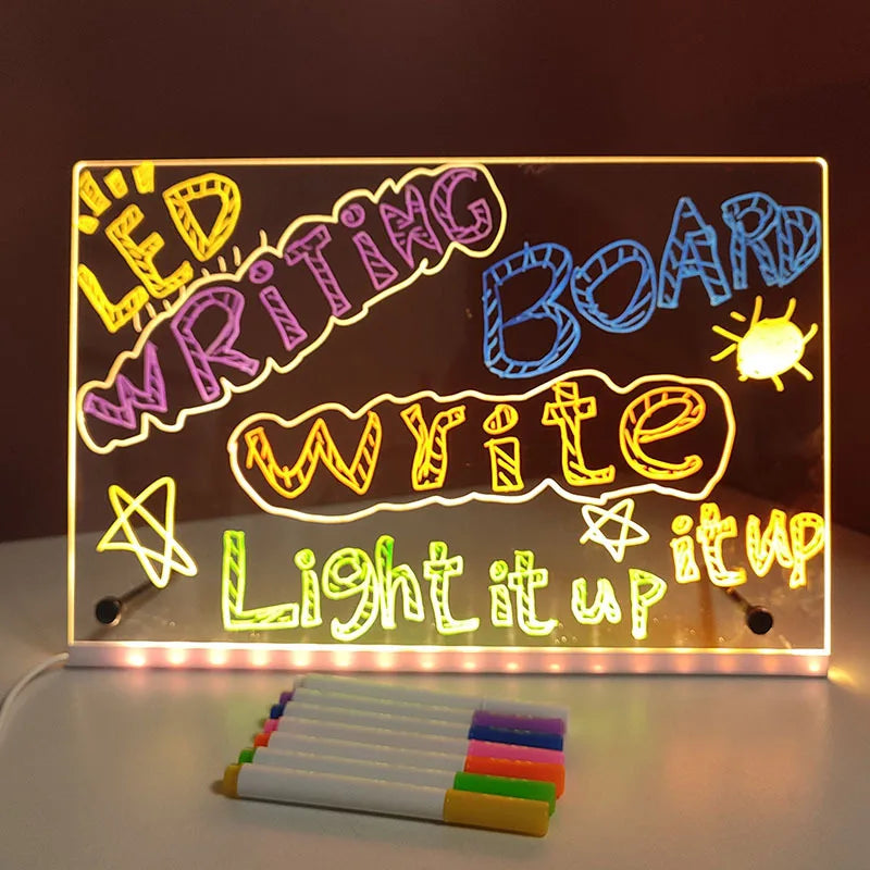 Qfdian LED Note Board Night Light With Colorful 7 Pens DIY Acrylic Message Board Erasable Painting Drawing Board For Kids Birthday Gift